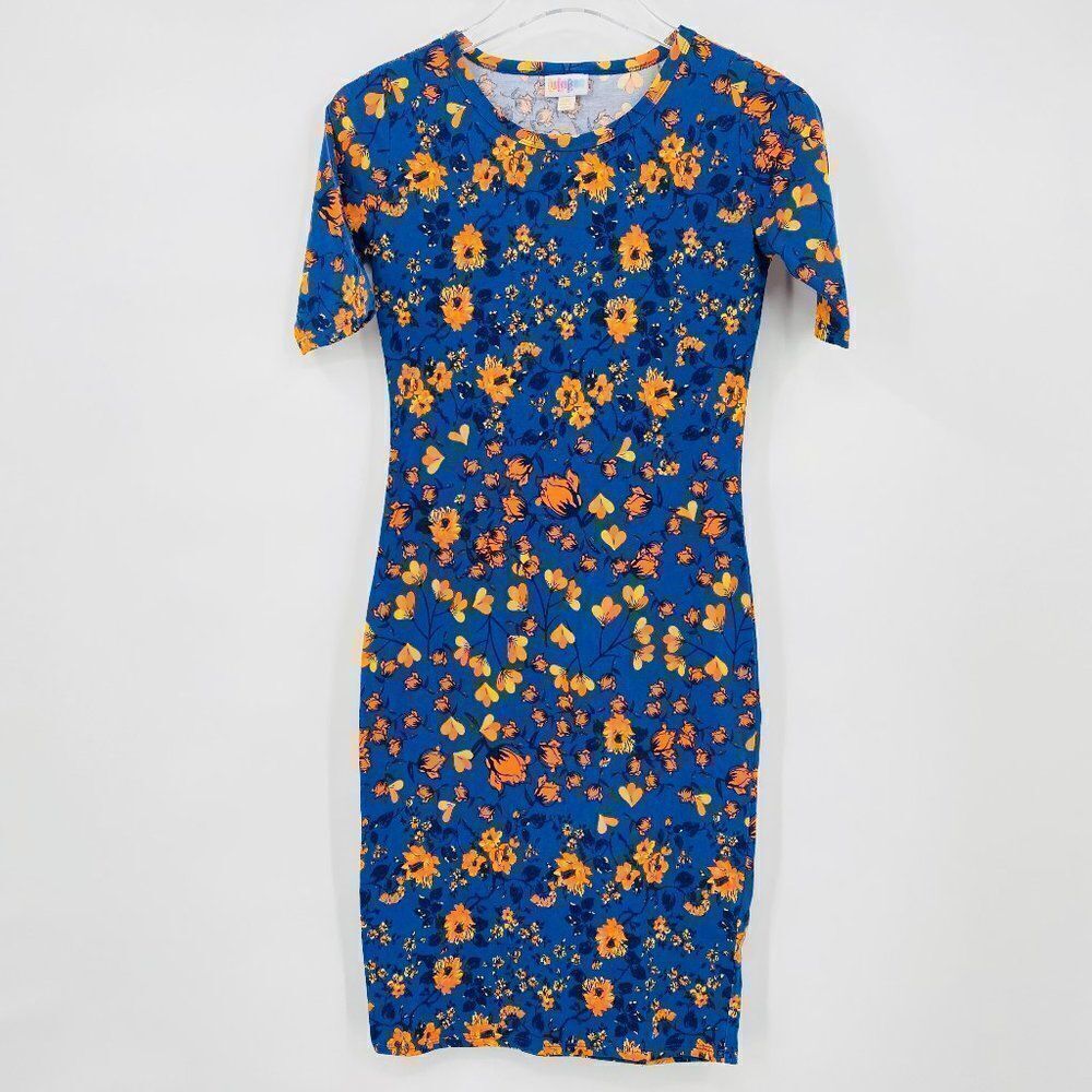 Lularoe Size XXS Short Sleeve Blue & Orange Floral Julia Bodycon Sheath Dress
